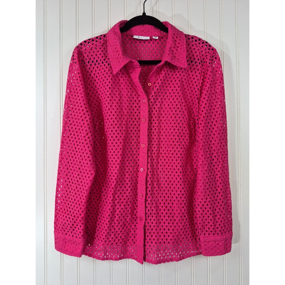 Denim & Co Hot Pink Eyelet Button Down Shirt Long Sleeve Blouse Womens Large